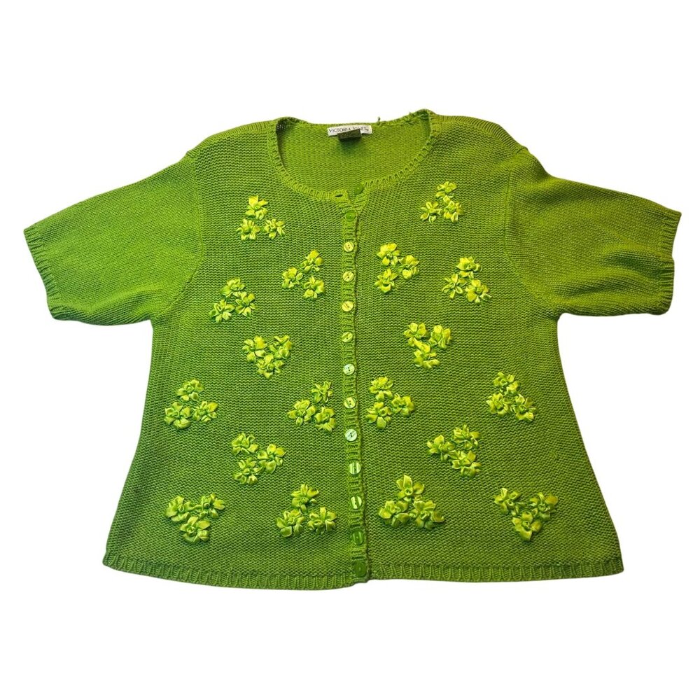 Victoria Jones Green Floral Embroidered Cardigan Sweater L Ramie Cotton Blend